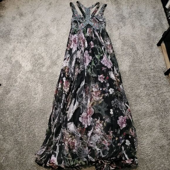 All Saints Retro Cavalry Harness Skeleton Floral Black Silk Maxi Dress Sz 10 - Picture 8 of 9